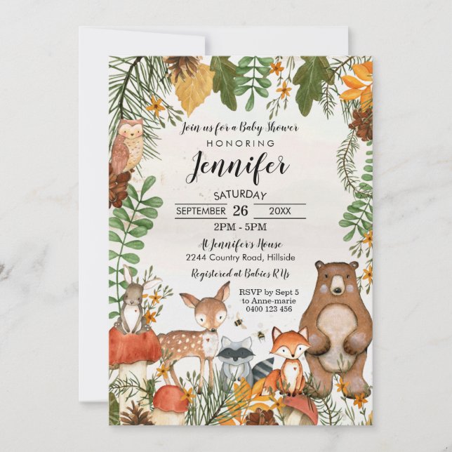 Woodland Animals Baby Shower Invitation Greenery (Front)