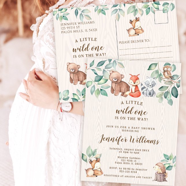 Woodland animals baby shower invitation Postcard (Creator Uploaded)