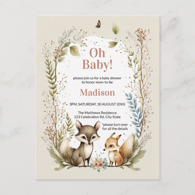 Woodland Animals Baby Shower Invite Girl Postcard (Front)