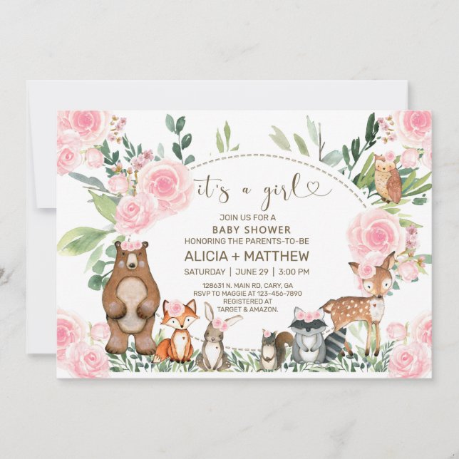 Woodland animals baby shower invite, pink roses. invitation (Front)
