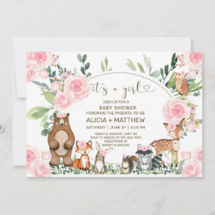 Woodland animals baby shower invite, pink roses. invitation