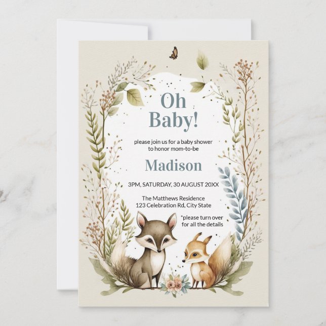 Woodland Animals Baby Shower Invite Watercolor (Front)