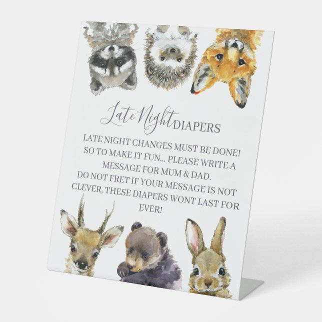 Woodland Animals Baby Shower Late Night Diapers  Pedestal Sign (Front)