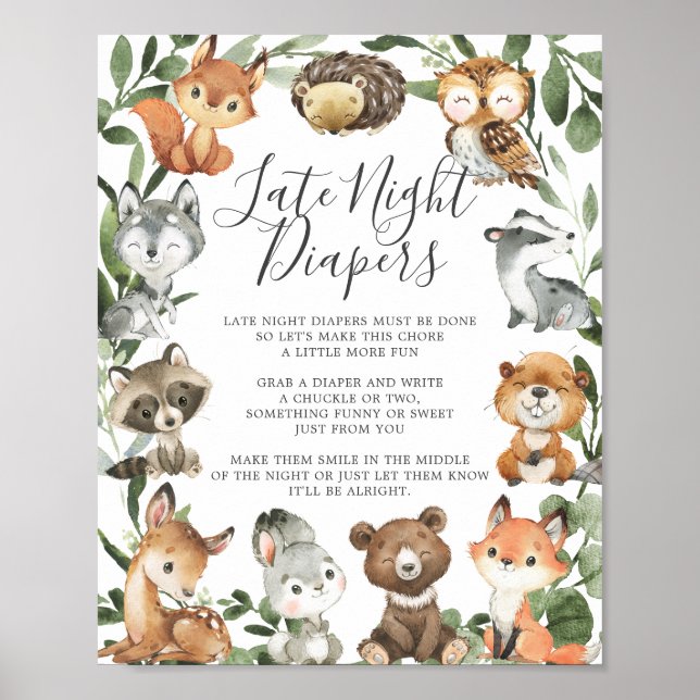 Woodland Animals Baby Shower Late Night Diapers Poster (Front)