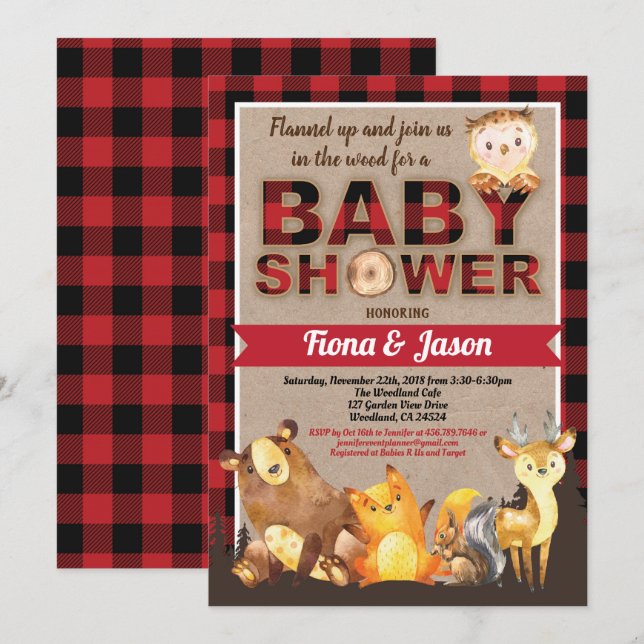 Woodland animals baby shower lumberjack red plaid invitation (Front/Back)