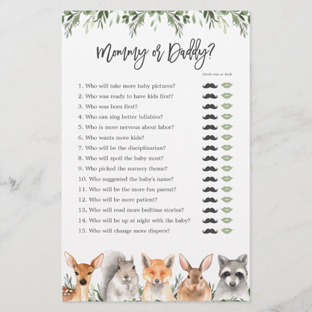 Woodland Animals Baby Shower Mummy or Daddy Game (Front)