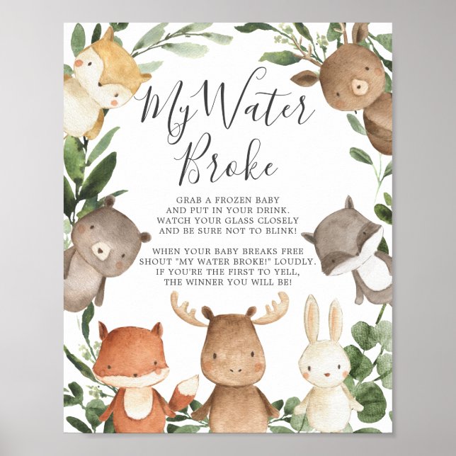 Woodland Animals Baby Shower My Water Broke Sign (Front)