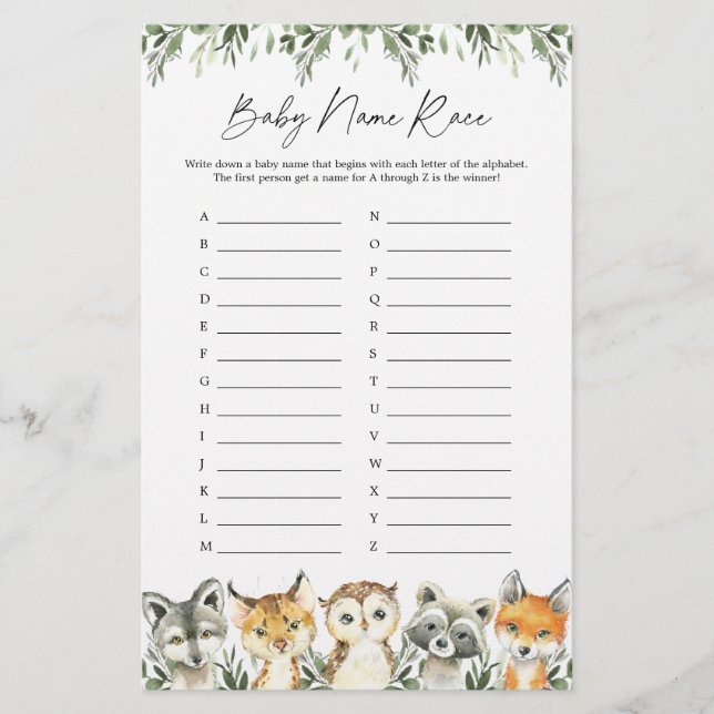Woodland Animals Baby Shower Name Race Game (Front)
