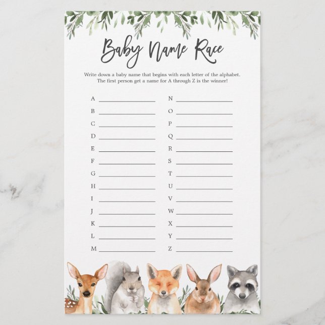 Woodland Animals Baby Shower Name Race Game (Front)