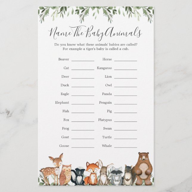 Woodland Animals Baby Shower Name The Baby Animals (Front)