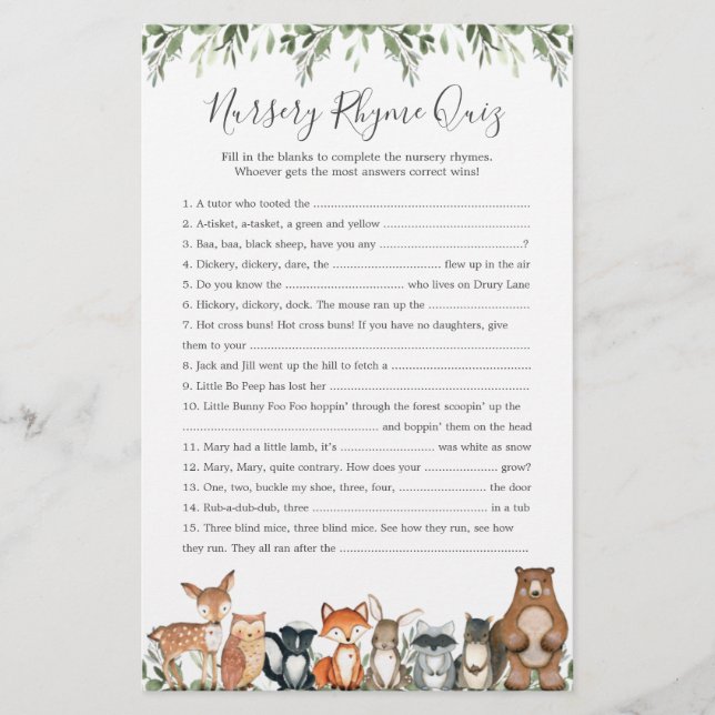 Woodland Animals Baby Shower Nursery Rhyme Quiz (Front)