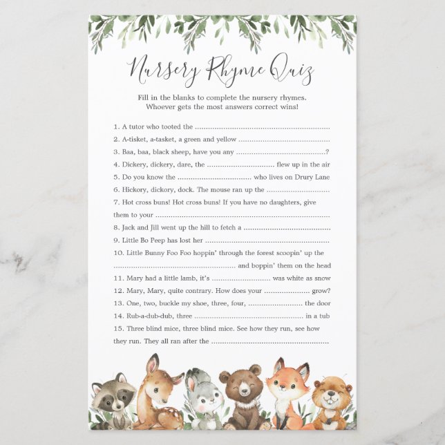 Woodland Animals Baby Shower Nursery Rhyme Quiz (Front)