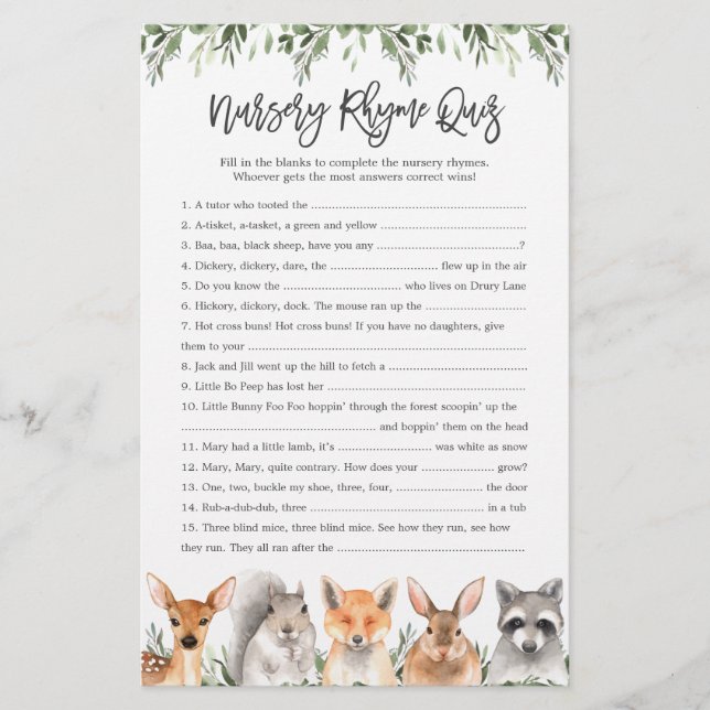 Woodland Animals Baby Shower Nursery Rhyme Quiz (Front)