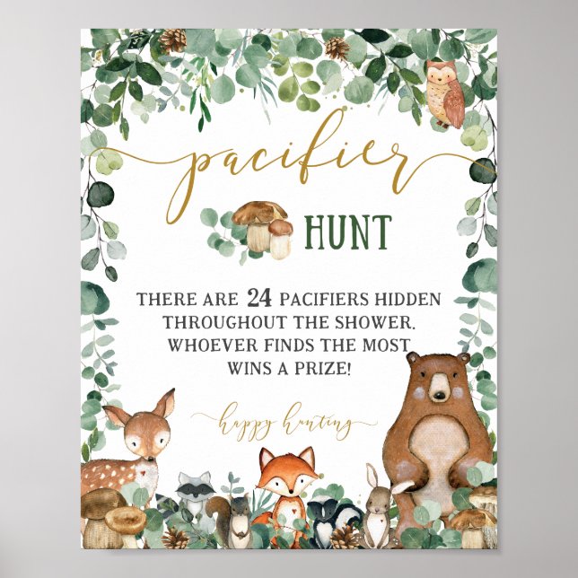 Woodland Animals Baby Shower Pacifier Hunt Game Poster (Front)