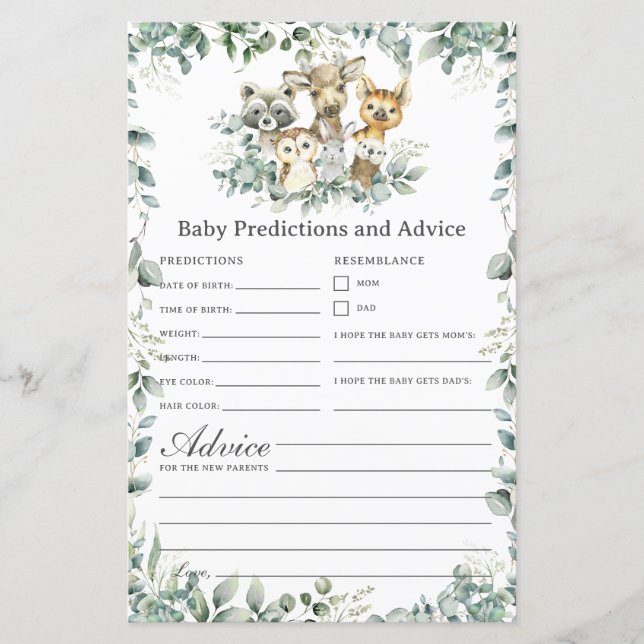 Woodland Animals Baby Shower Predictions & Advice (Front)