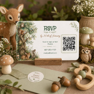 Woodland Animals Baby Shower QR Code RSVP Enclosure Card