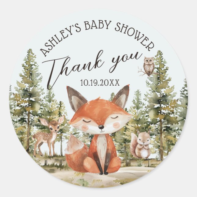 Woodland Animals Baby Shower Thank You Classic Round Sticker (Front)