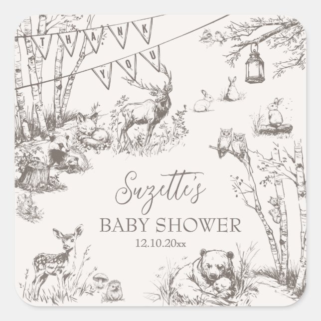 Woodland Animals Baby Shower Thank You Square Sticker (Front)