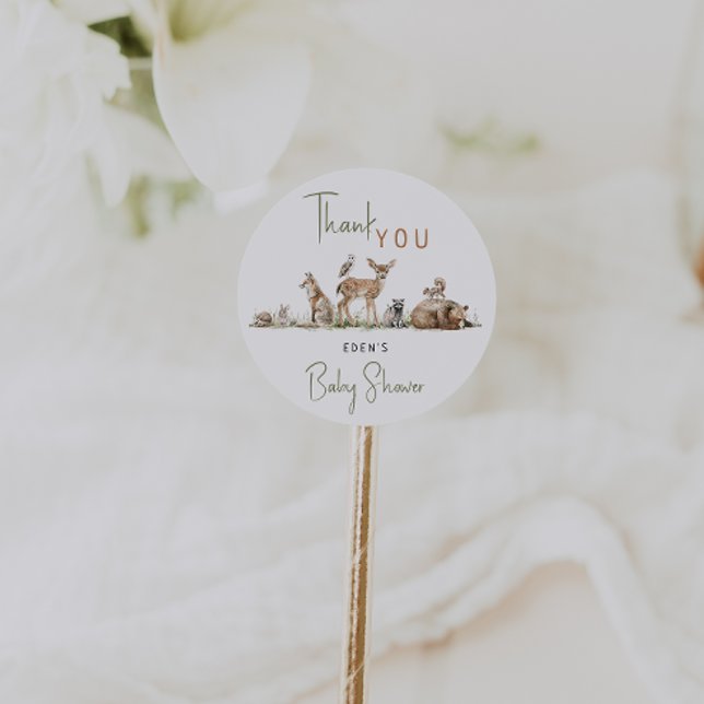 Woodland Animals Baby Shower Thank You With Name Classic Round Sticker (Creator Uploaded)