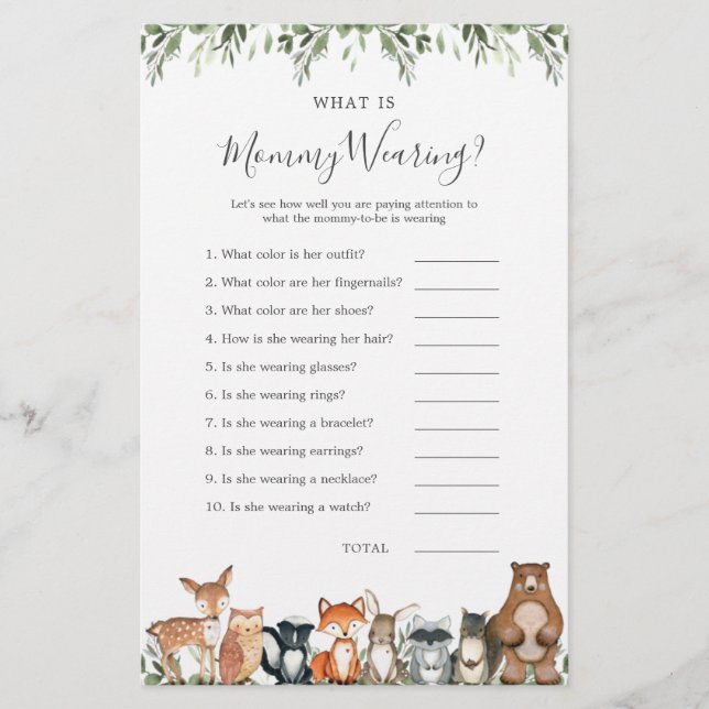 Woodland Animals Baby Shower What is Mummy Wearing (Front)