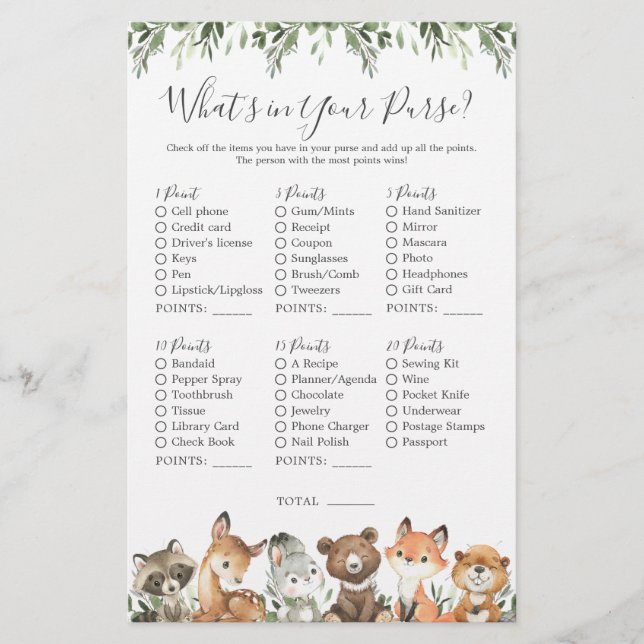 Woodland Animals Baby Shower What's in Your Purse (Front)