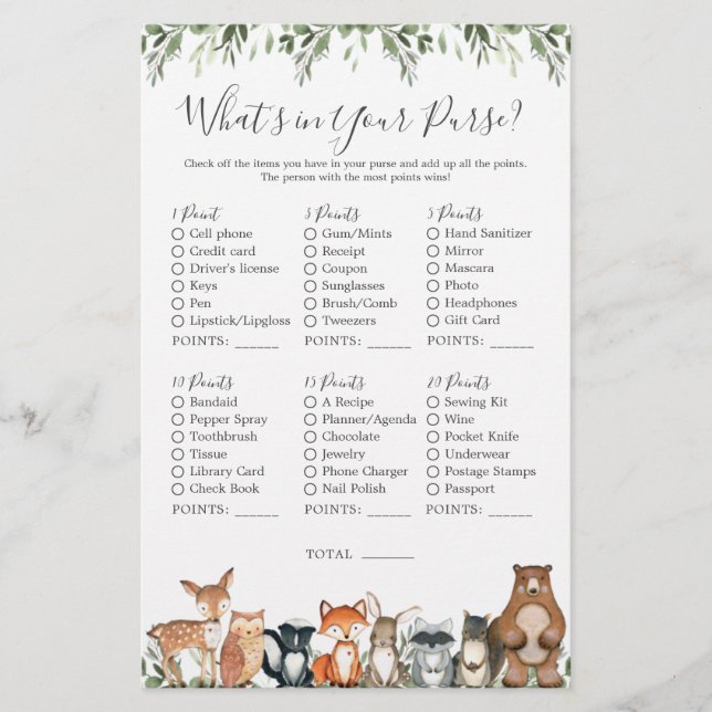 Woodland Animals Baby Shower What's in Your Purse (Front)