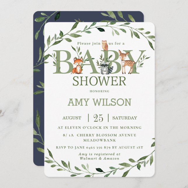 Woodland Animals Baby Shower Whimsical Greenery Invitation (Front/Back)