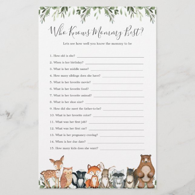 Woodland Animals Baby Shower Who Knows Mummy Best (Front)