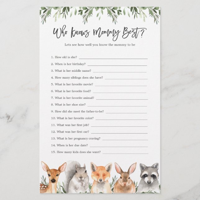 Woodland Animals Baby Shower Who Knows Mummy Best (Front)