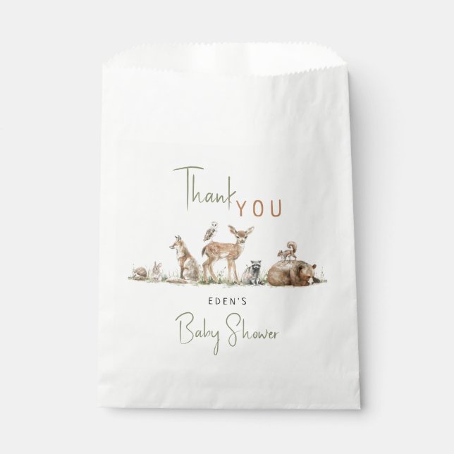 Woodland Animals Baby Shower With Name Thank You Favour Bags (Front)