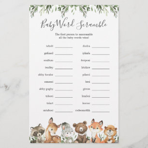 Woodland Animals Baby Shower Word Scramble Game