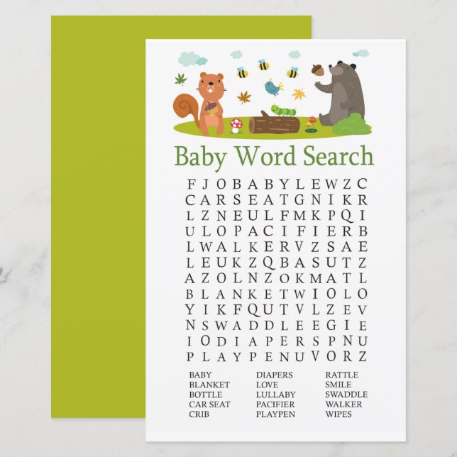 Woodland animals Baby Shower Word Search Game (Front/Back)