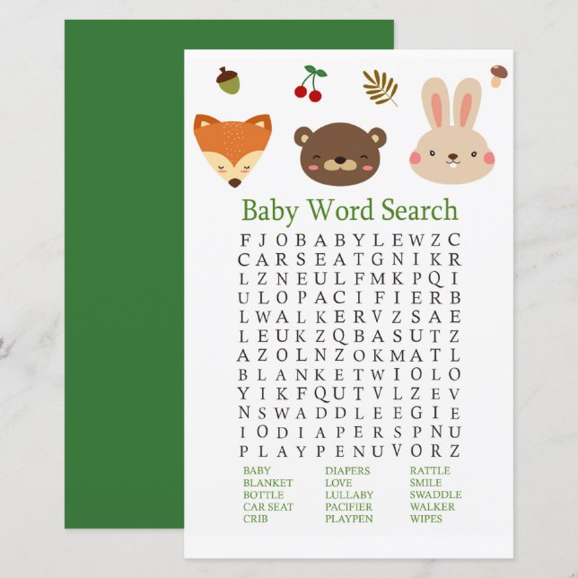 Woodland animals Baby Shower Word Search Game (Front/Back)