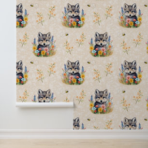 Woodland Animals Baby Wolf Cub Greenery on Cream Wallpaper