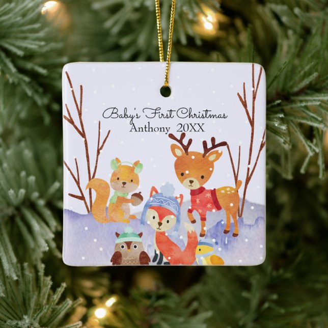 Woodland Animals Baby's First Christmas Ceramic Ornament (Tree)
