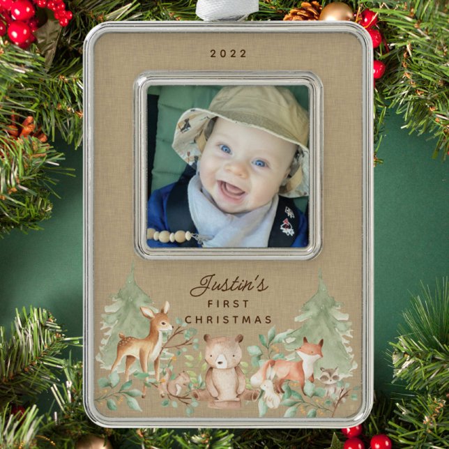 Woodland Animals Baby's First Silver Plated Framed Ornament (Creator Uploaded)