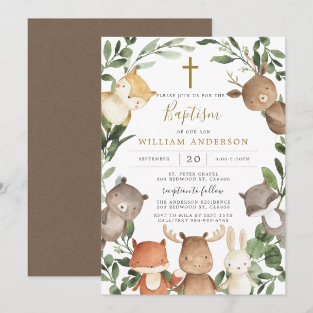 Woodland Animals Baptism/Christening Invitation (Front/Back)