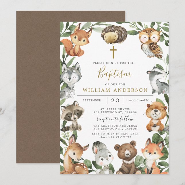 Woodland Animals Baptism/Christening Invitation (Front/Back)
