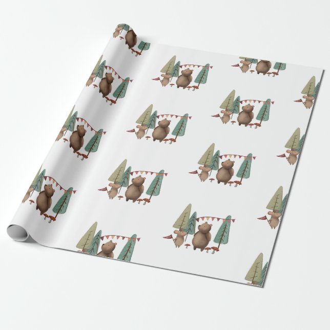 Woodland Animals Bear and Mouse Wrapping Paper (Unrolled)