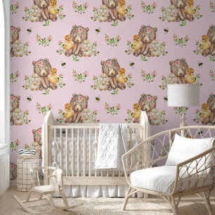 Woodland Animals Bear Duck Bunny Baby Girl Nursery Wallpaper