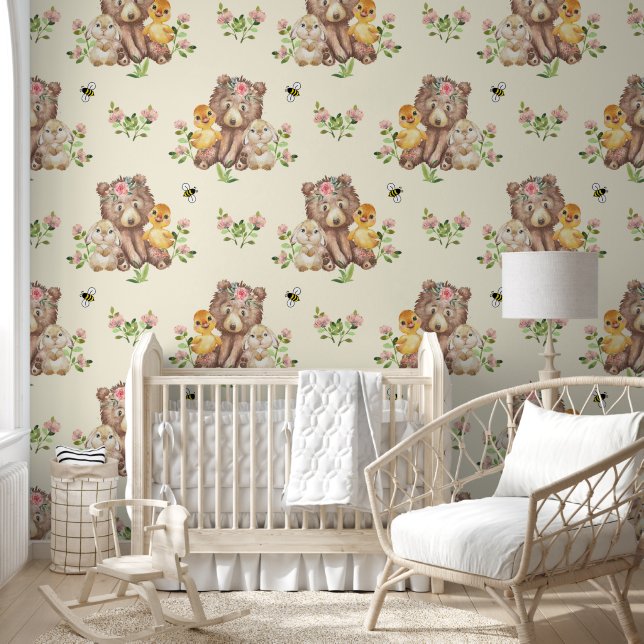 Woodland Animals Bear Duck Bunny Baby Girl Nursery Wallpaper (Kids)