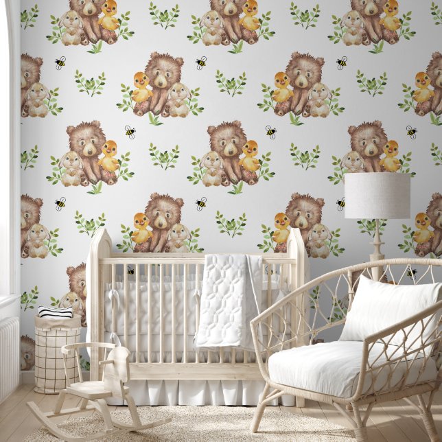 Woodland Animals Bear Duck Bunny Baby Nursery  Wallpaper (Kids)