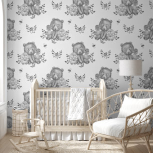 Woodland Animals Bear Duck Bunny Neutral Baby Grey Wallpaper