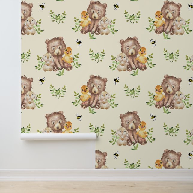 Woodland Animals Bear Duck Bunny Neutral Baby Wallpaper (Application)