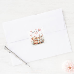 Woodland Animals Bear Fox Bunny Pink Hearts Girl Square Sticker