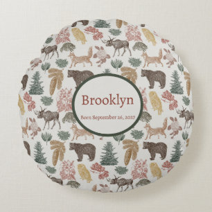 Woodland Animals-Bears, Owl, Moose-Rustic Nursery  Round Cushion