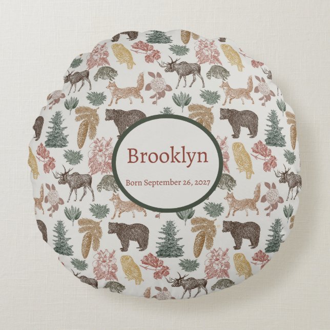 Woodland Animals-Bears, Owl, Moose-Rustic Nursery  Round Cushion (Front)