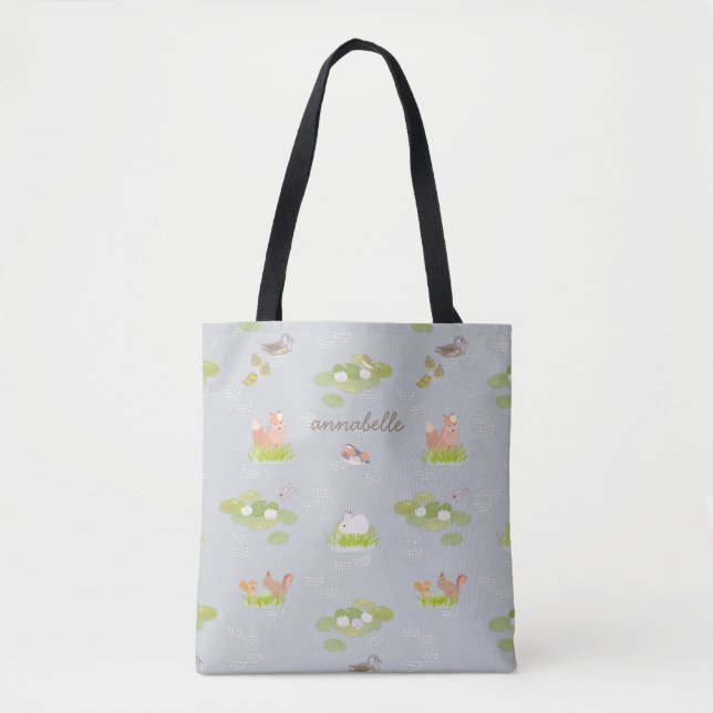 Woodland Animals & Birds in Grey Pond Tote Bag (Front)