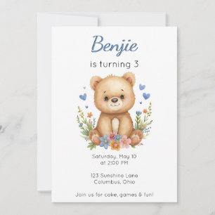 Woodland Animals Birthday Bear Boy Blue Hearts Invitation