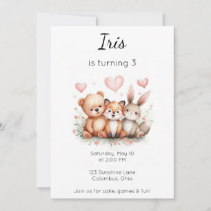 Woodland Animals Birthday Bear Fox Bunny Floral Invitation